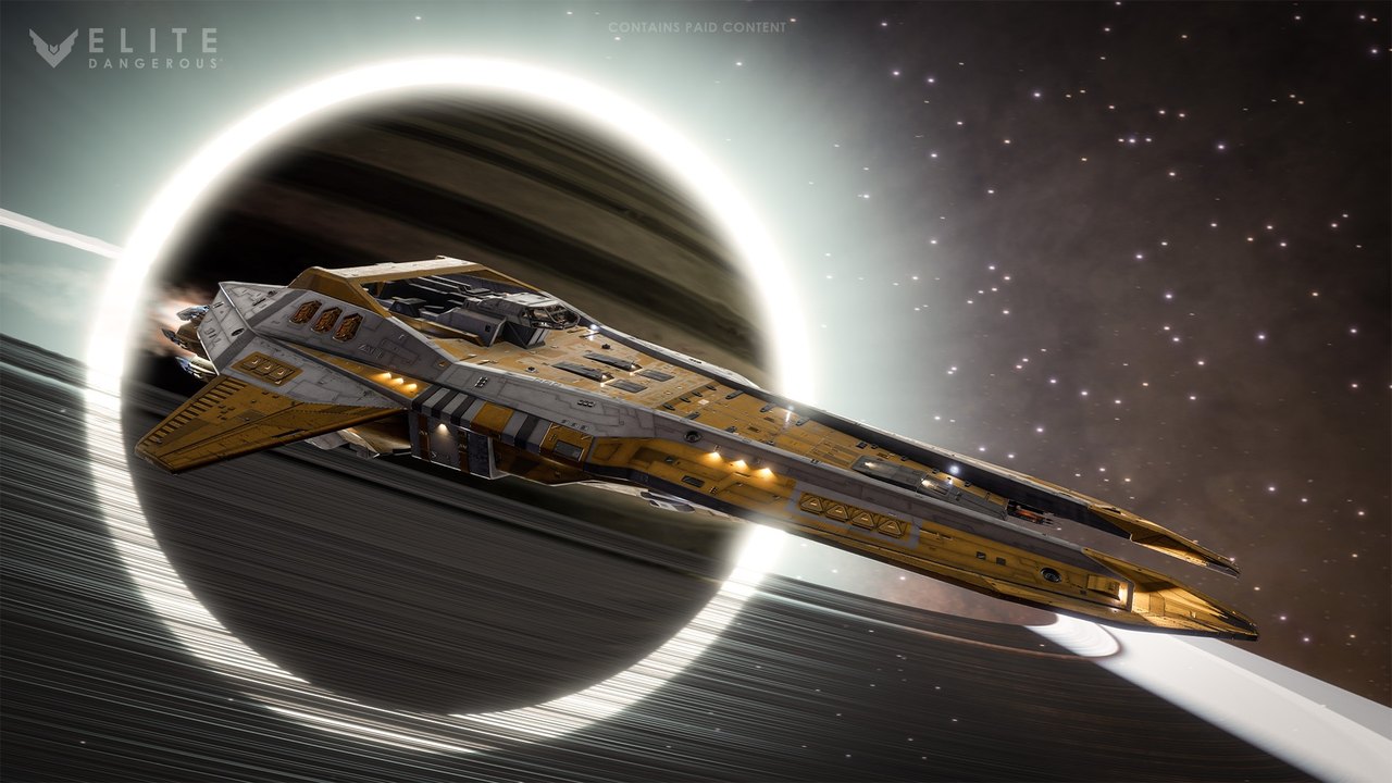 The Anaconda Mk II in a gold paint scheme passing a ringed planet in Elite Dangerous