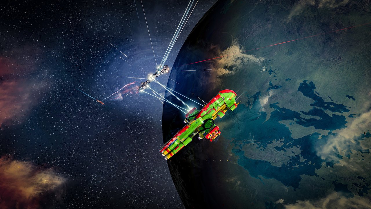 Ships trading fire above a planet in an EVE Online Alliance Tournament XXII match