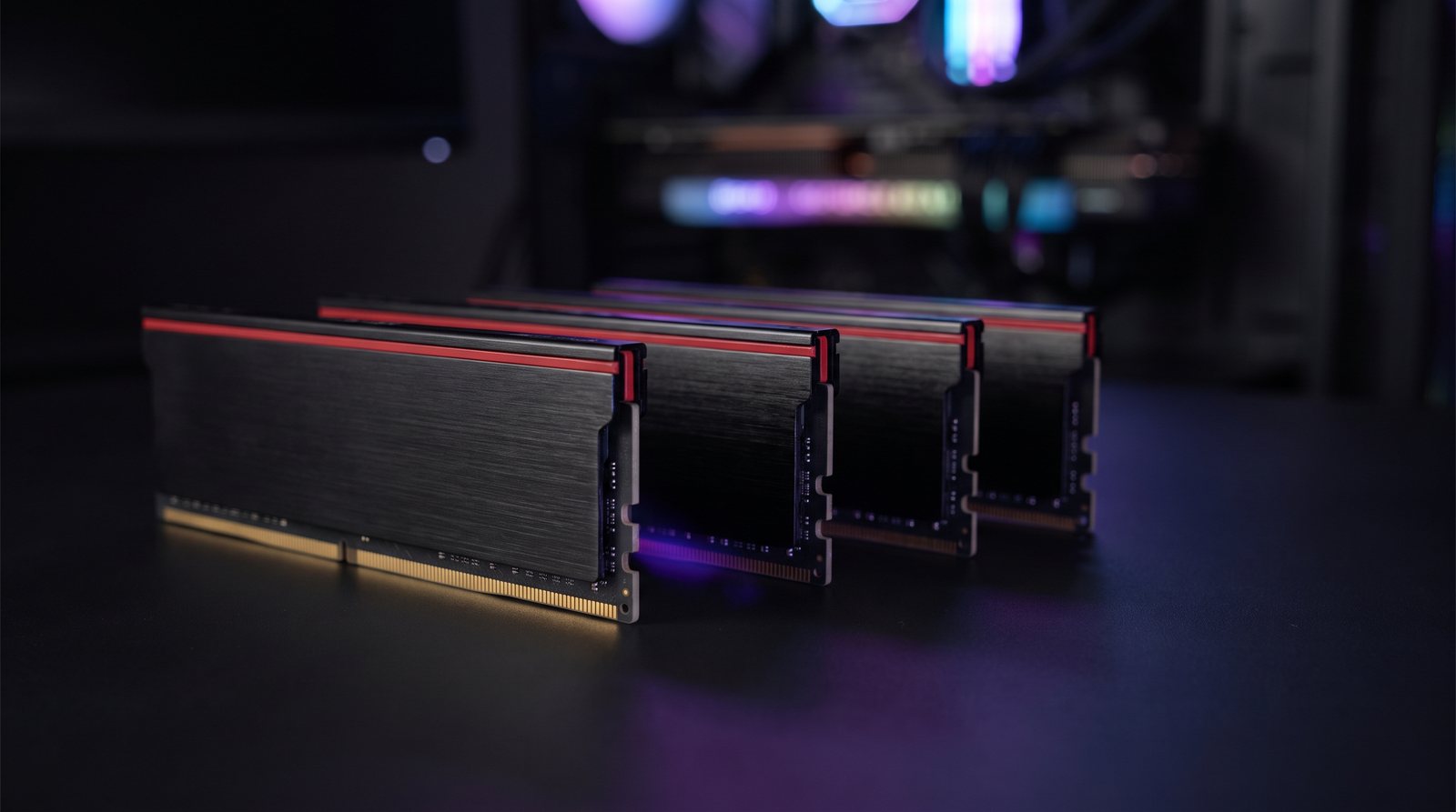 A row of DDR5 desktop memory modules on a dark surface