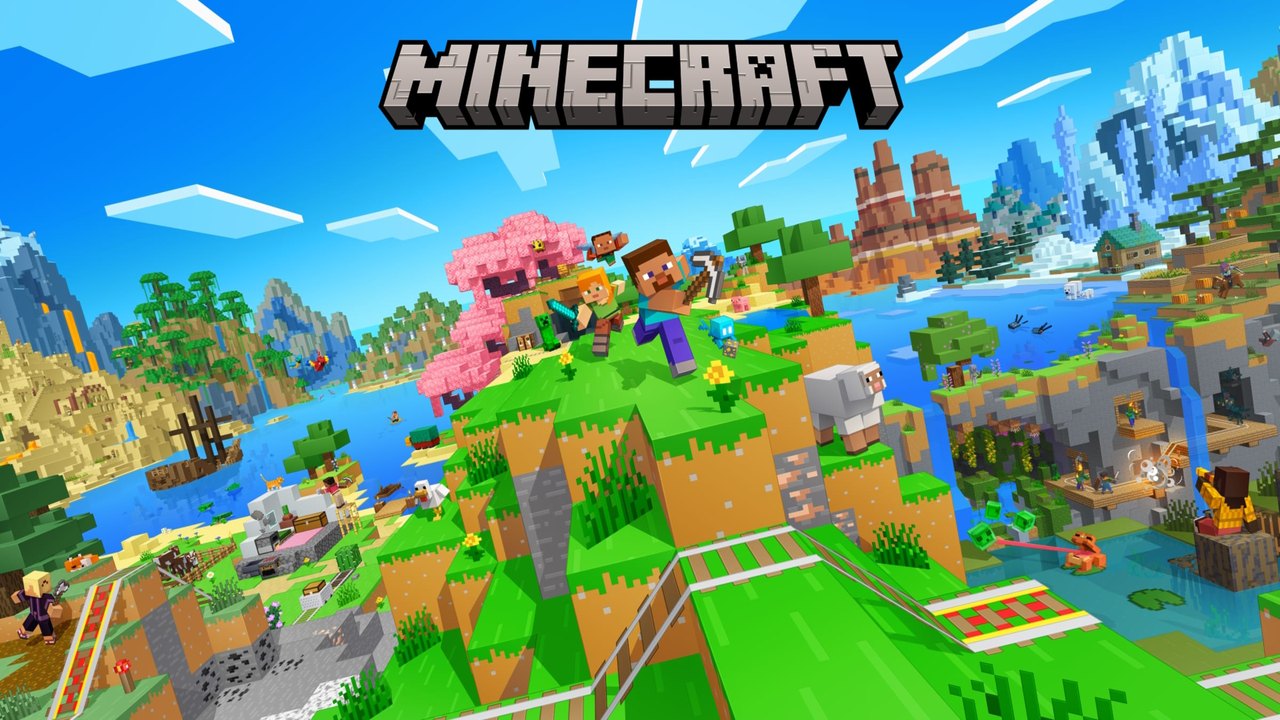 Minecraft for Nintendo Switch 2 key art with players building across a colourful blocky landscape
