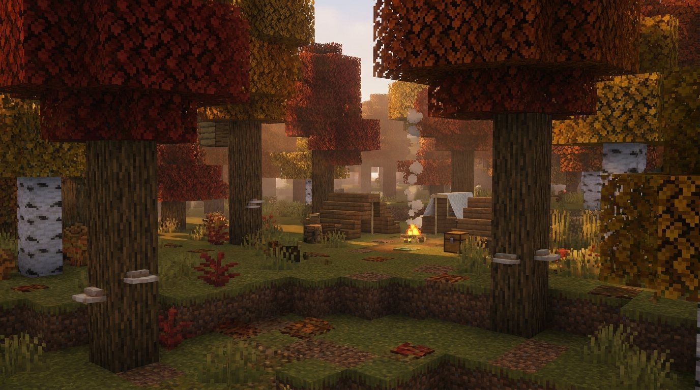 An autumn Minecraft forest with red and orange leaves and a small abandoned camp