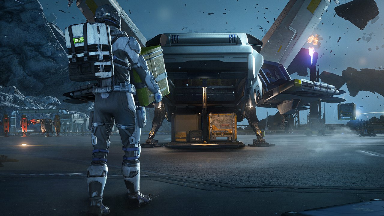 Star Citizen crew beside a ship on a landing pad