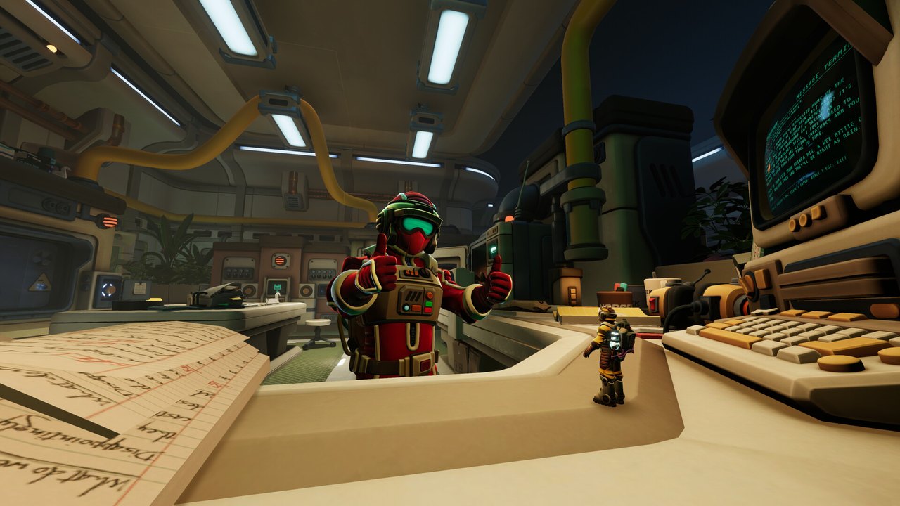 Two explorers in red suits inside a retro-futuristic lab in We Were Here Tomorrow