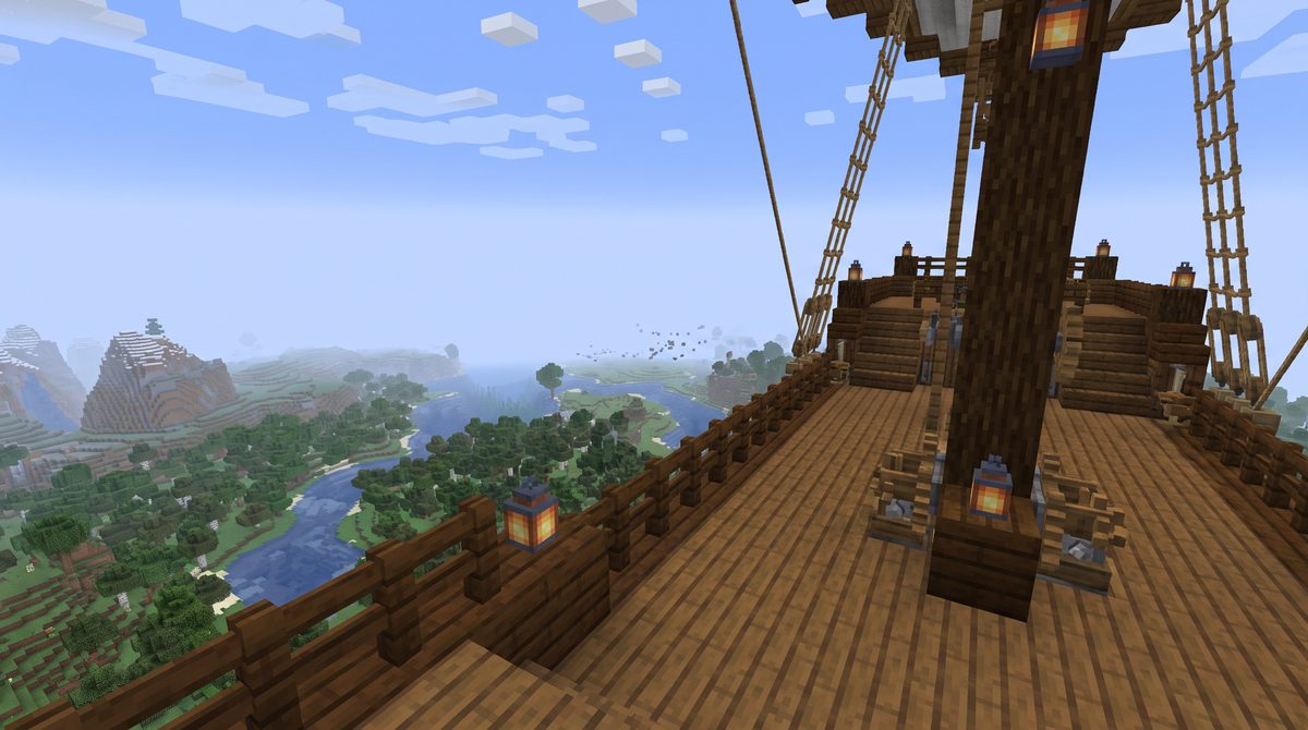 The view from the deck of a flying airship, Distant Horizons terrain stretching to the horizon