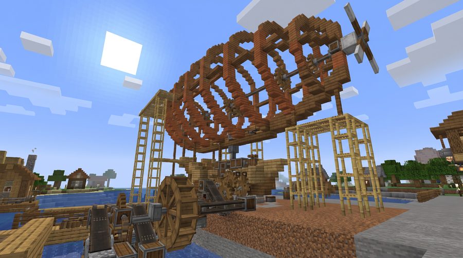 A player-built Create Aeronautics airship under construction on scaffolding