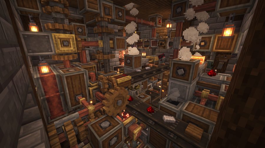 A working Create factory of gears and belts mid-production