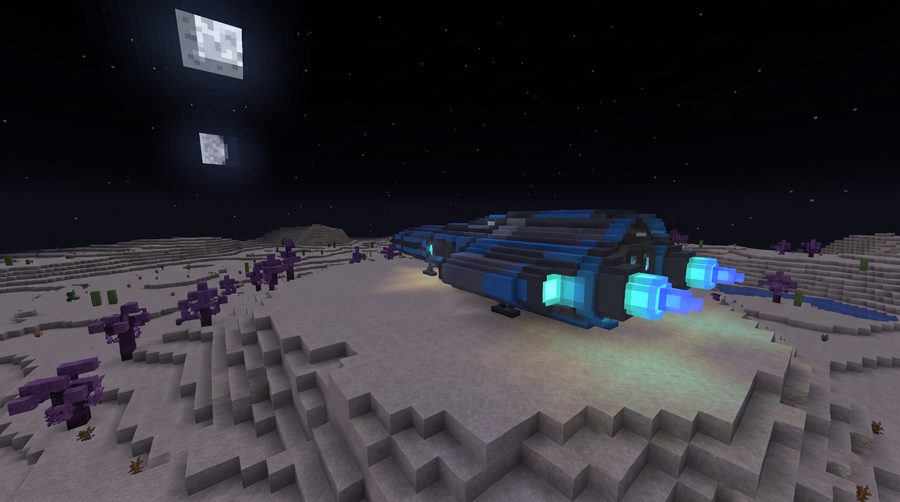 A blocky sci-fi starship with glowing engines on an alien world in ExilesMC Aero